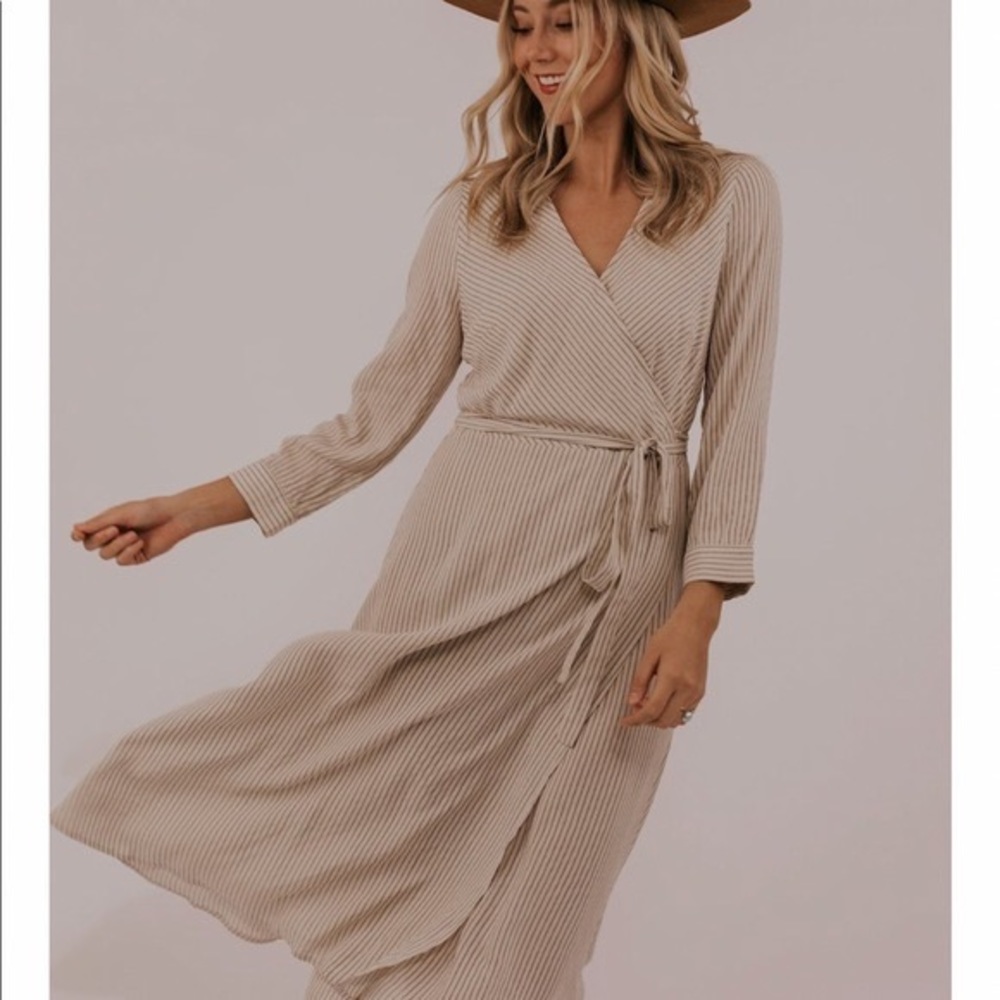 Roolee Hillary Wrap Dress, cream and grey pin stripes